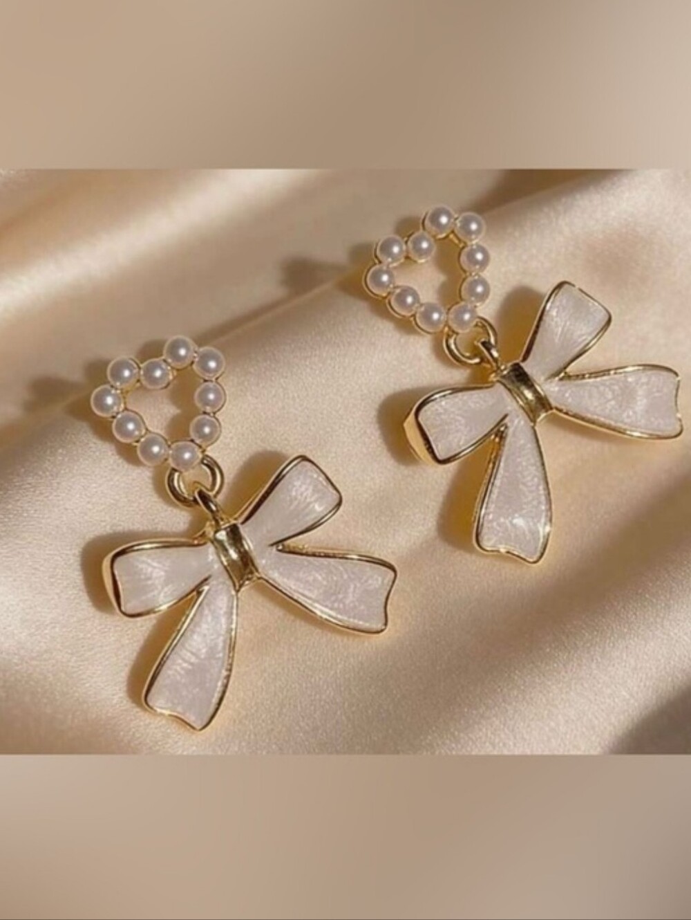 Pearl Heart & White Bow Drop Earrings - Women Jewelry